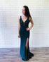 Sexy Dark Green Mermaid Prom Dresses V-Neck Lace Appliques Beaded Long Prom Gowns Slit